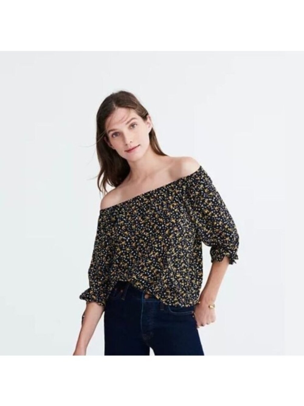 Madewell Black & Orange Off the Shoulder Falling Leaves 100% Silk Top - S